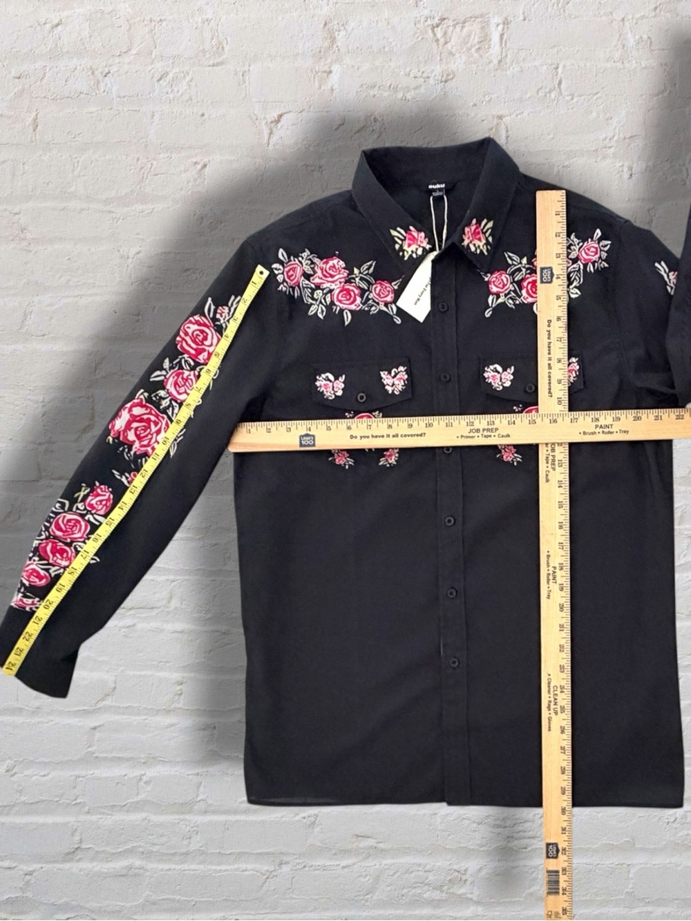 OUKU Men’s L Black Western Shirt Rose Skull Floral Cowboy Button Up NWT - Picture 13 of 13